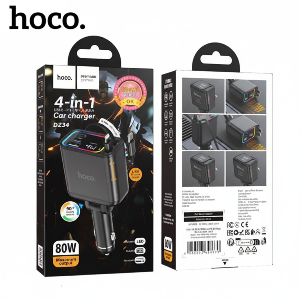 4-in-1 Fast Car Charger (80W, Retractable Cables & Dual Ports)