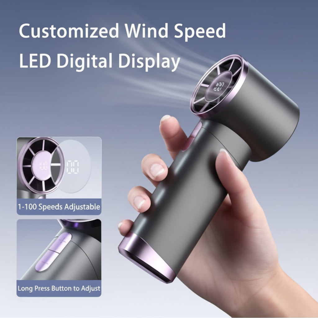 Hand holding a hair dryer with customizable wind speed and LED digital display on a blue background