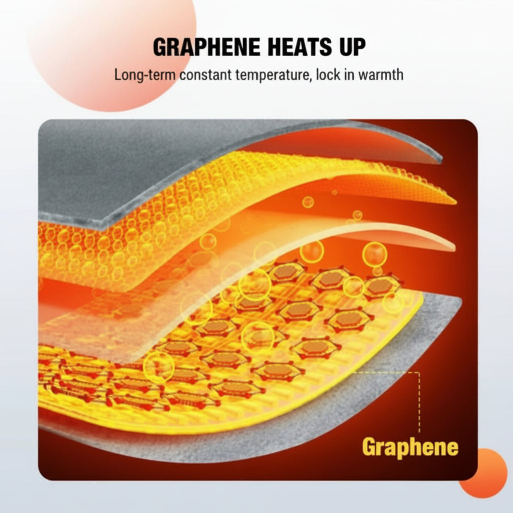 Diagram of graphene heating up with text about long-term constant temperature and lock-in warmth.