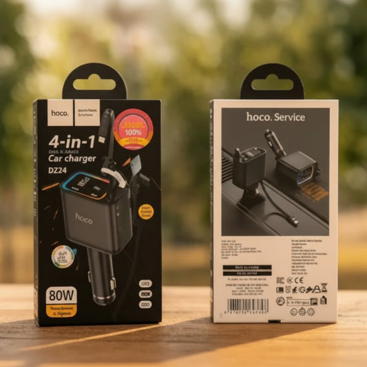 Two Hoco car charger packaging boxes on a wooden surface with a blurred natural background.