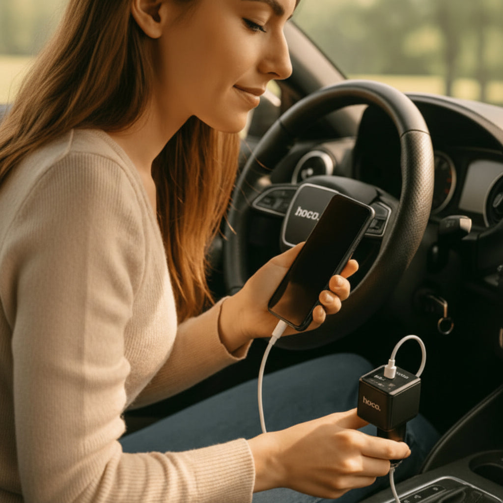 Woman using a portable charger in her car, with a focus on the device she is holding.