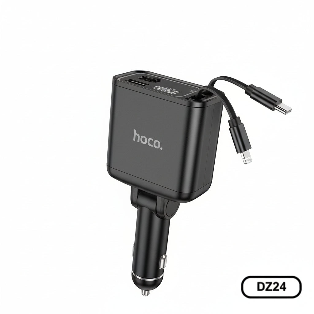 Black car charger with 'hoco.' branding on a white background