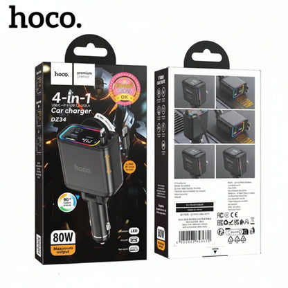 4-in-1 Fast Car Charger (80W, Retractable Cables & Dual Ports)