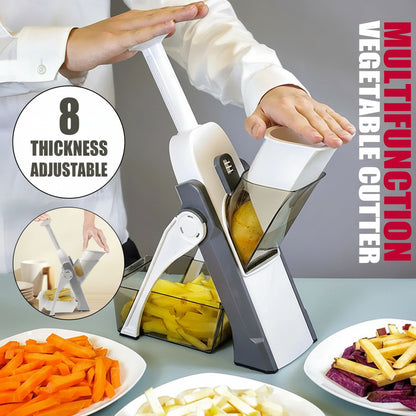 Multifunction vegetable cutter with adjustable thickness, shown cutting vegetables on a gray background.