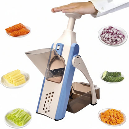 Vegetable chopper with various chopped vegetables on plates