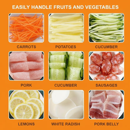 Grid of sliced fruits and vegetables with text on an orange background