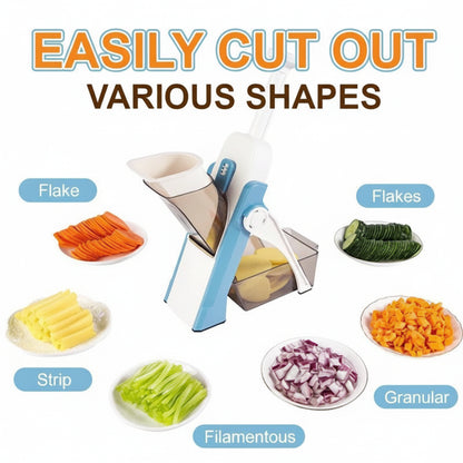 Vegetable cutter with various cut vegetables displayed on a white background