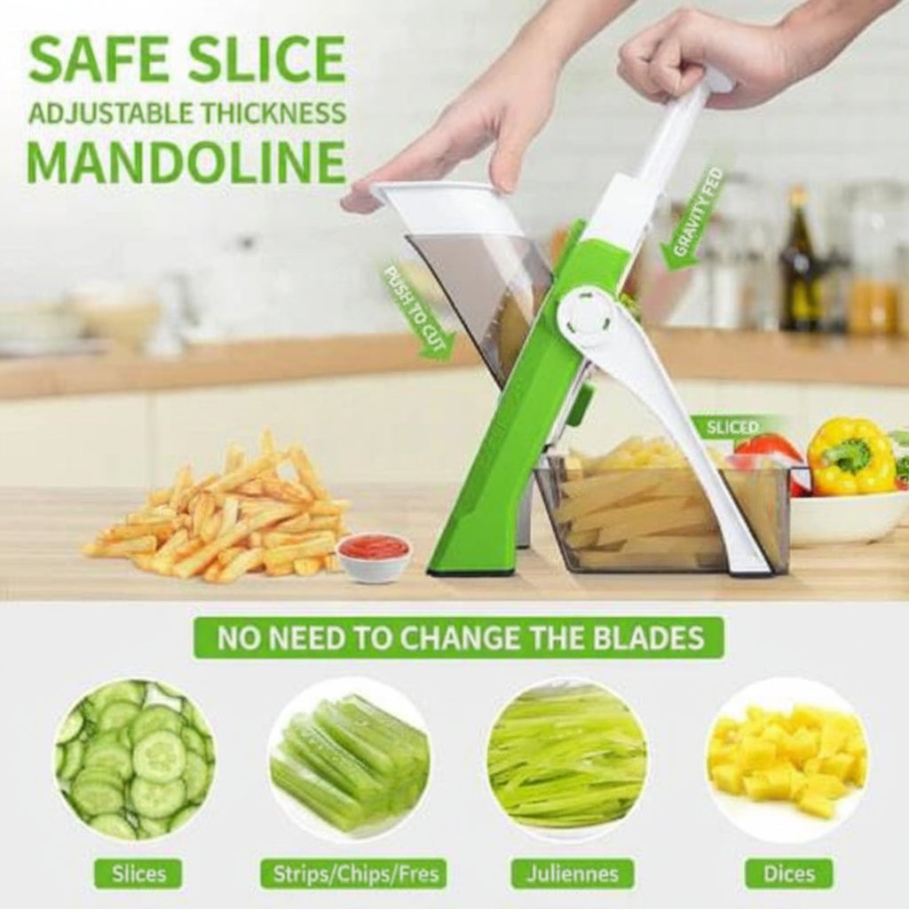 Adjustable thickness mandoline slicer with sliced vegetables on a kitchen counter