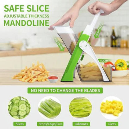 Adjustable thickness mandoline slicer with sliced vegetables on a kitchen counter