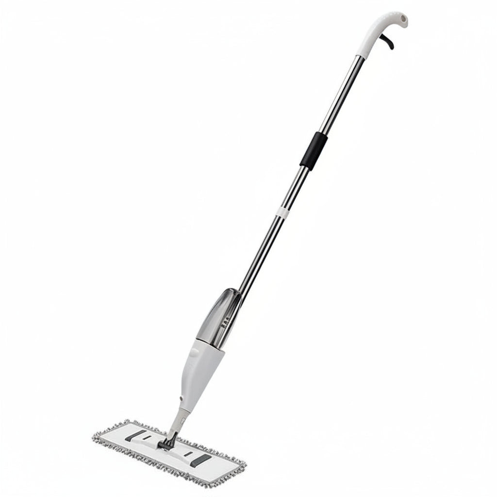 White spray mop with extendable handle on a white background