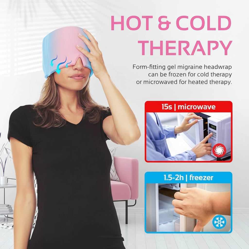 Woman wearing a hot and cold therapy gel headband with usage instructions on a white background.