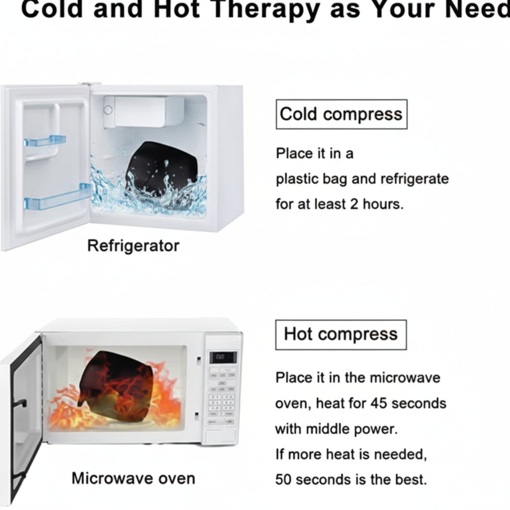 Instructions for using a cold and hot compress with a refrigerator and microwave oven.