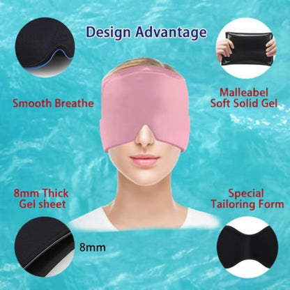 Pink sleep mask with design advantages highlighted on a blue water background