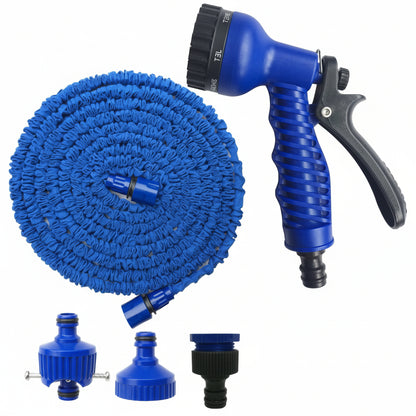Blue expandable garden hose with spray nozzle on a white background