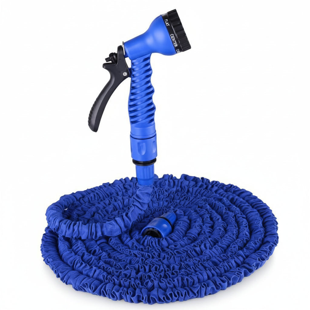 Blue expandable garden hose with spray nozzle on a white background