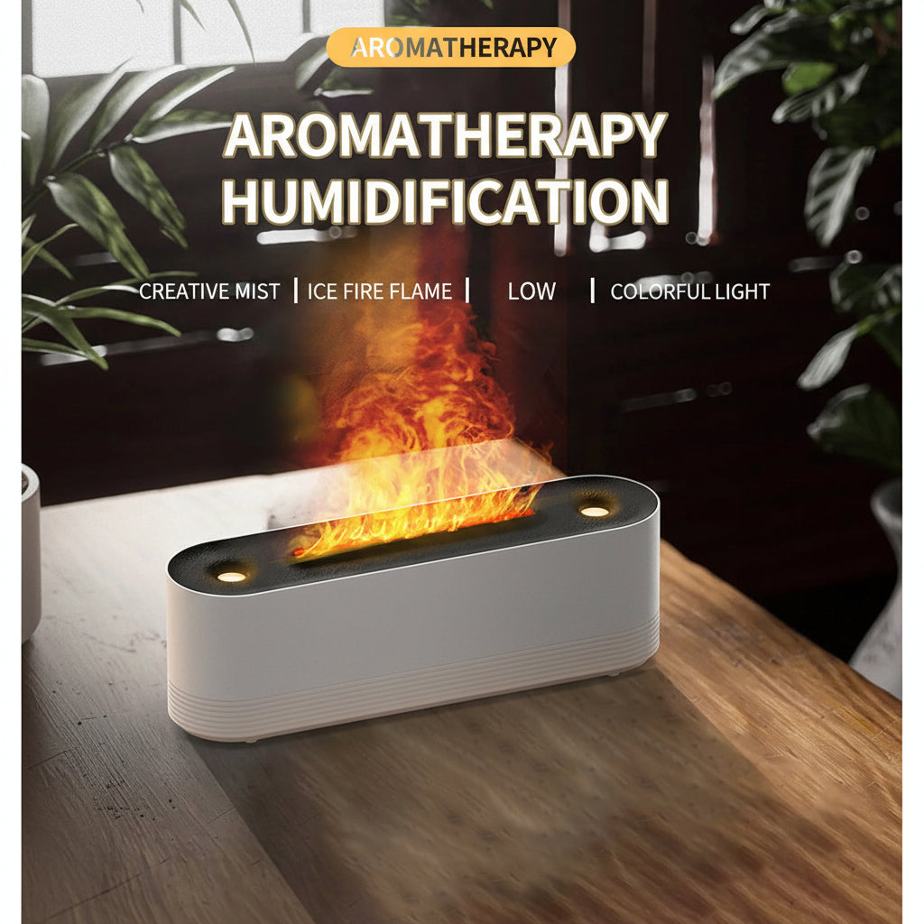 Modern indoor fireplace on a wooden surface with a dark background