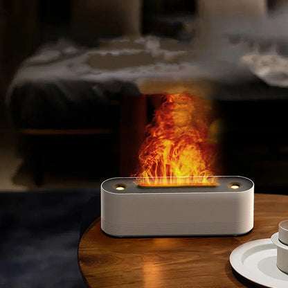 Modern fireplace insert on a wooden table with a blurred background