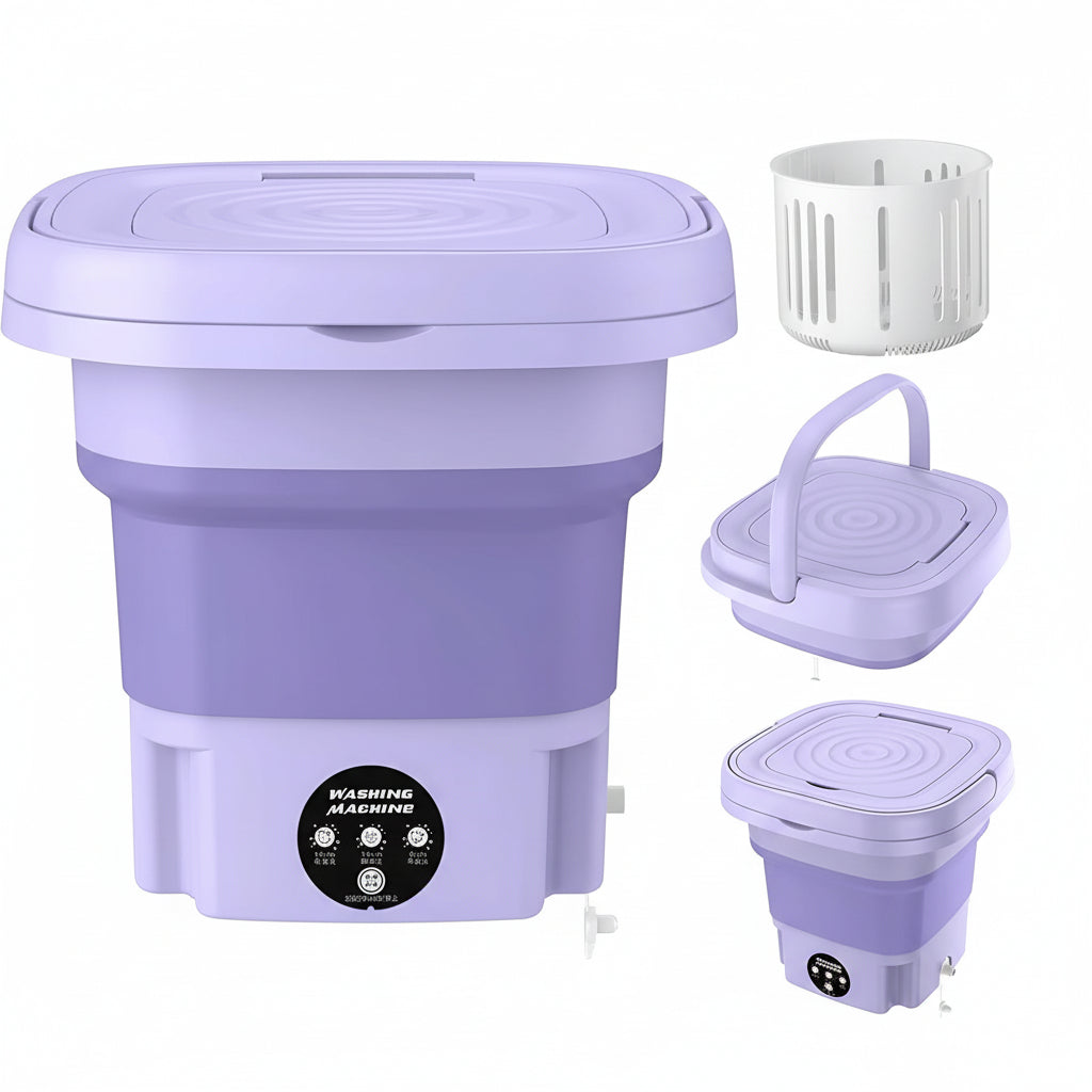 Purple portable washing machine with detachable parts on a white background