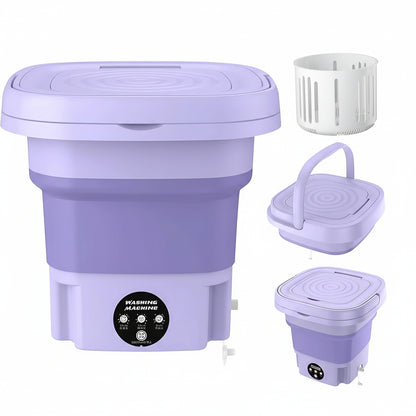 Purple portable washing machine with detachable parts on a white background