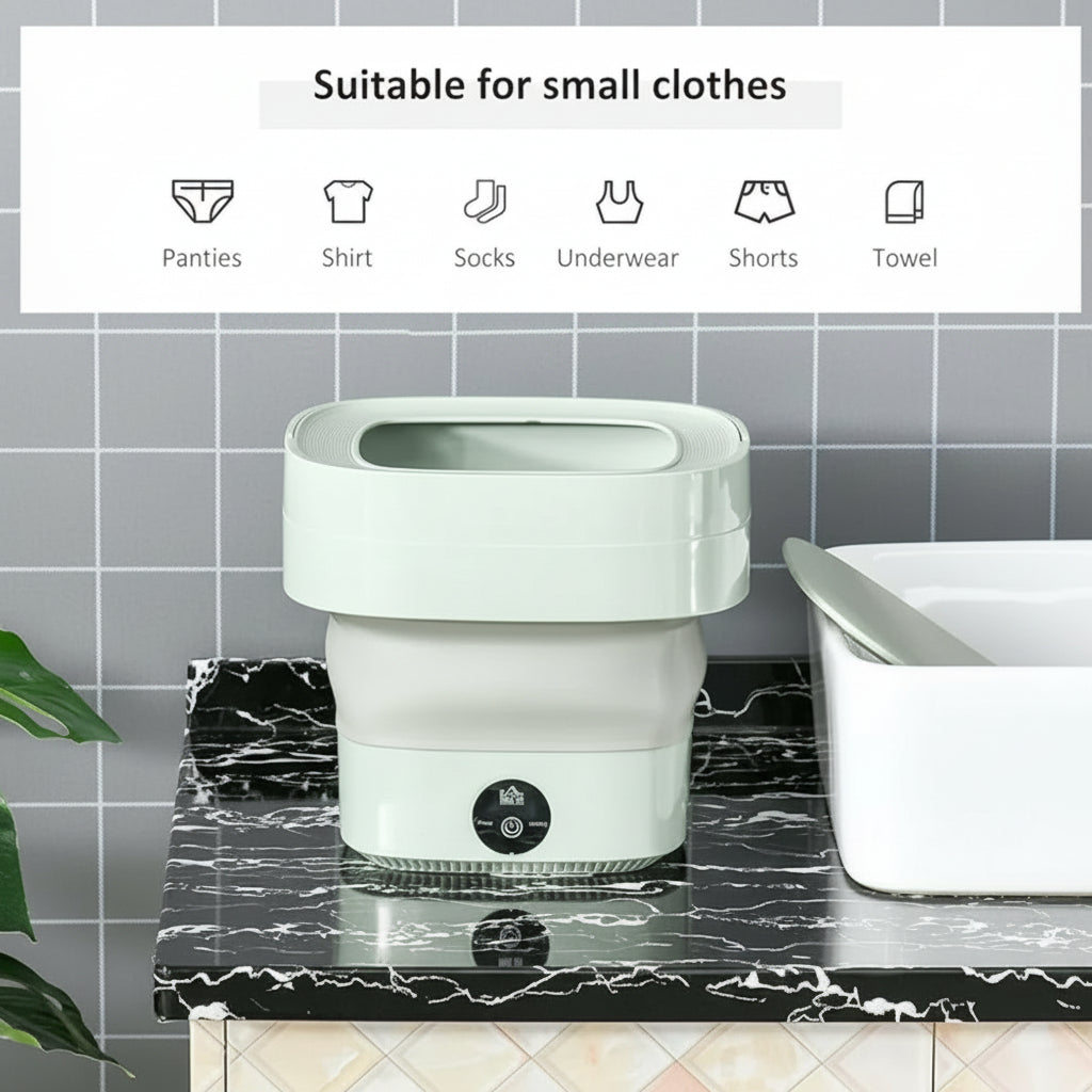 White compact washing machine on a marble countertop with text indicating suitability for small clothes.