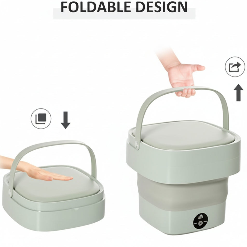 Foldable design of a green trash bin with a hand demonstrating its compact and expanded states.