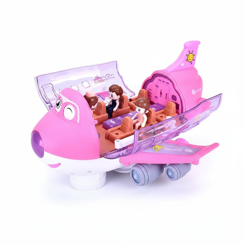 Pink toy airplane with seats and passengers on a white background