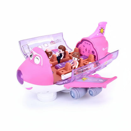 Pink toy airplane with seats and passengers on a white background