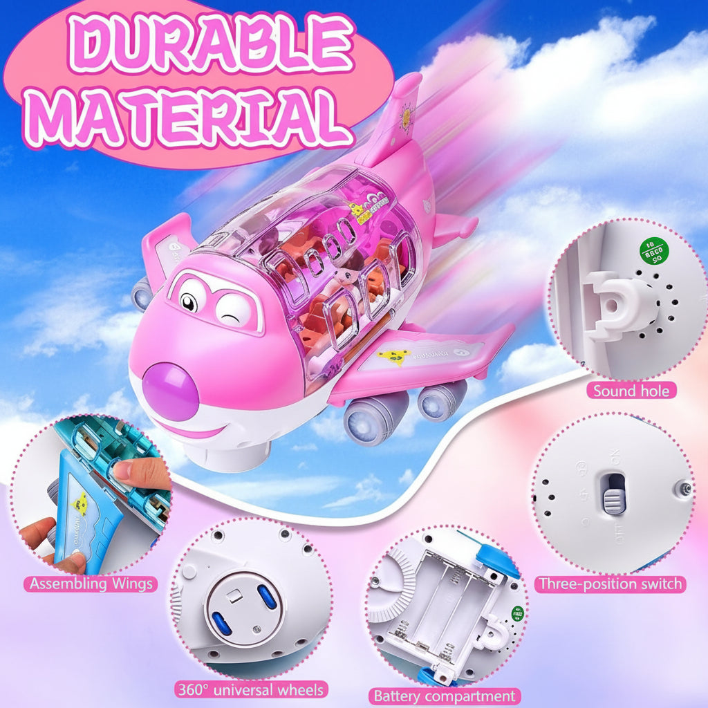 Pink toy airplane with detailed features and 'Durable Material' text against a blue sky background.