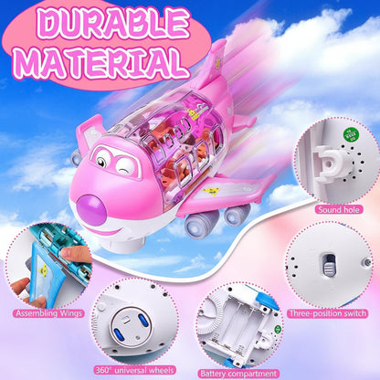 Pink toy airplane with detailed features and 'Durable Material' text against a blue sky background.