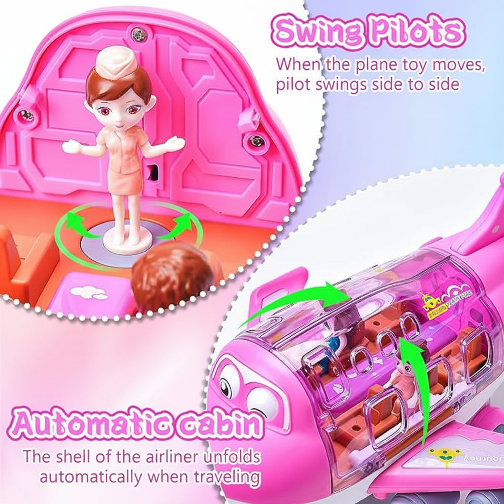 Toy airplane with a pilot figure and pink interior, featuring text about swing pilots and automatic cabin.