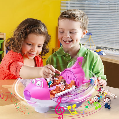 Two children playing with a pink toy boat on a table.