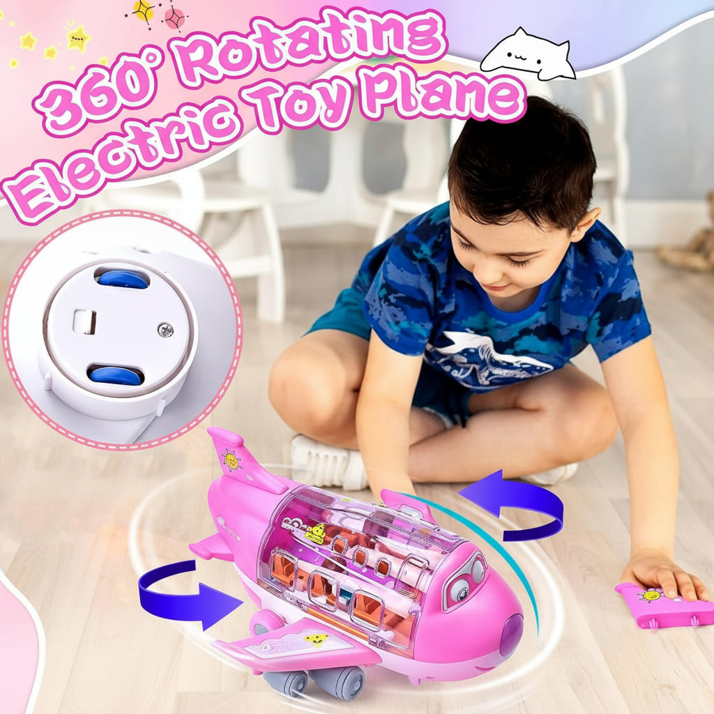 Child playing with a pink toy plane featuring 360-degree rotation, with close-up of control panel.