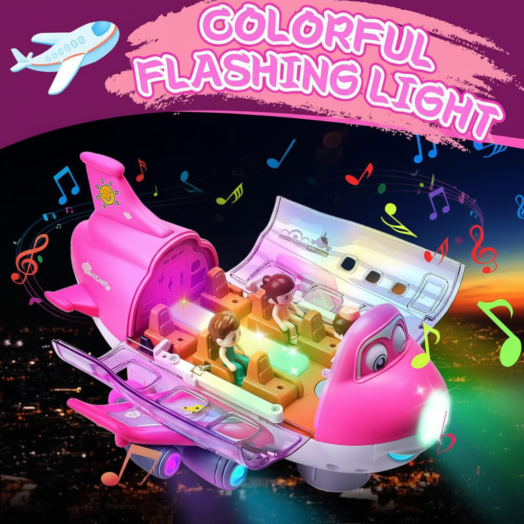 Colorful toy airplane with flashing lights on a dark background