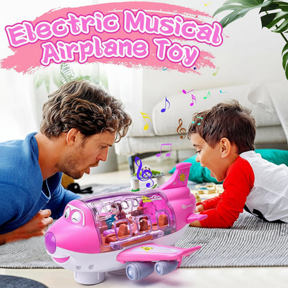 Man and child playing with a pink electric musical airplane toy in a living room.