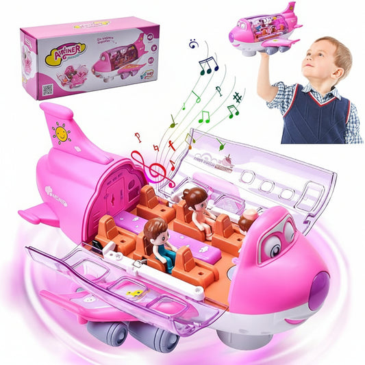 Pink toy airplane with musical features, including dolls inside, next to its packaging and a child holding a similar toy.