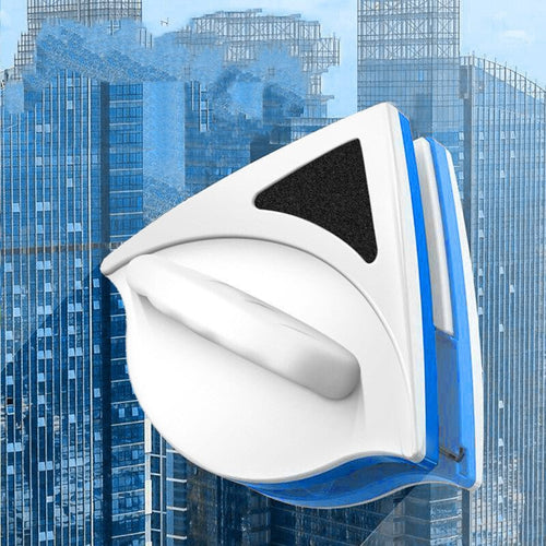 White and blue device with a black component against a cityscape background