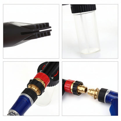 Set of car wash nozzles with different designs and attachments.