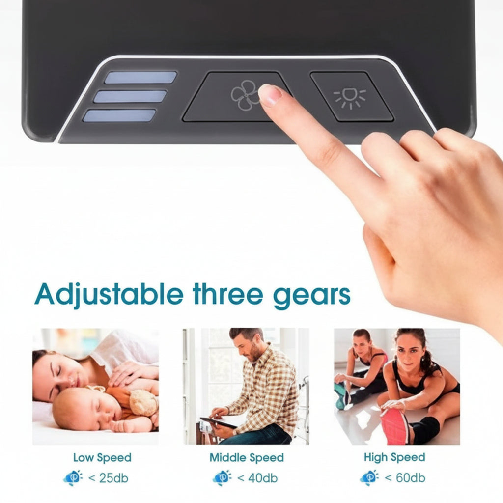 Control panel with adjustable gears and a hand pressing a button, with lifestyle images below.