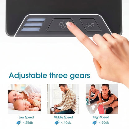 Control panel with adjustable gears and a hand pressing a button, with lifestyle images below.