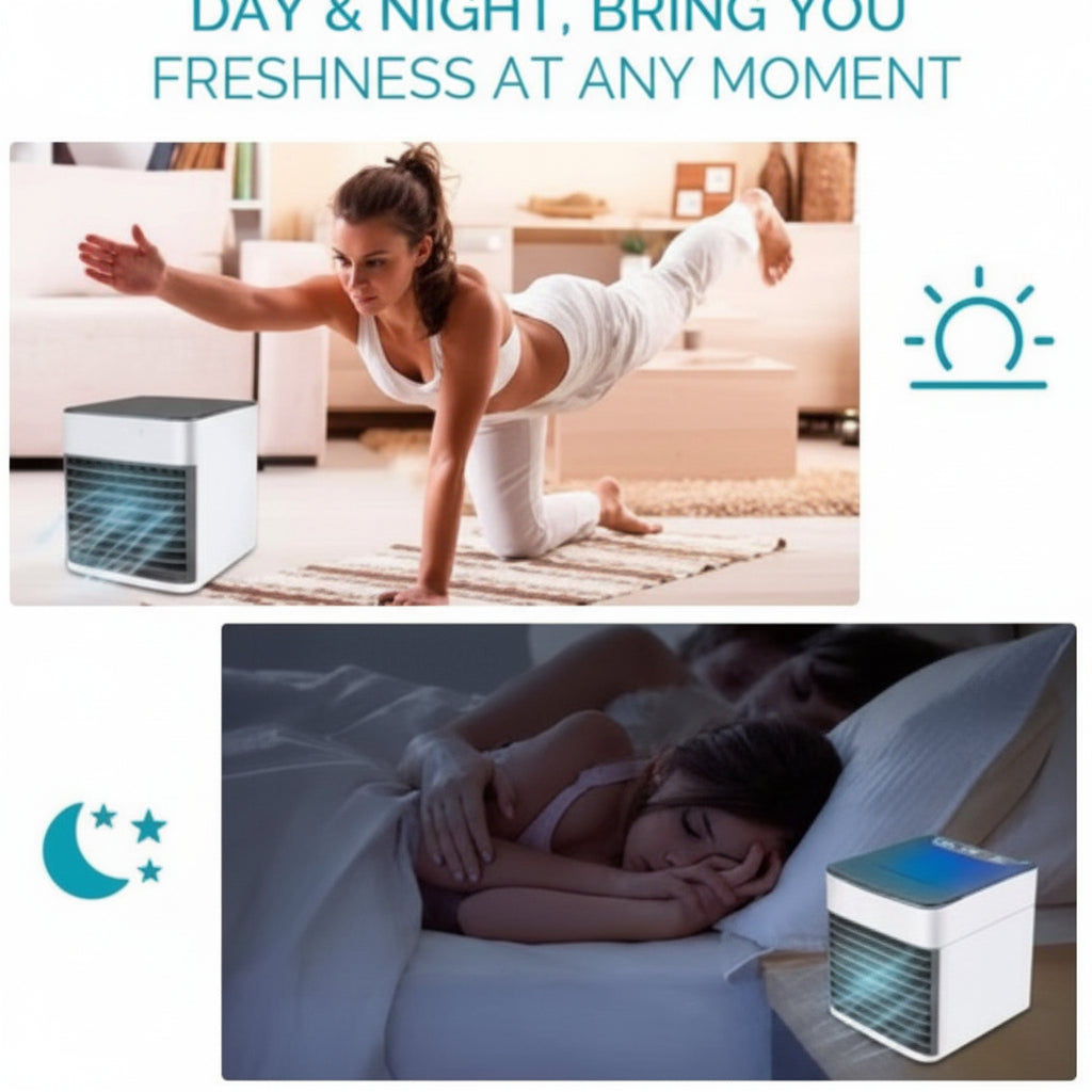 Product advertisement showing a person exercising and sleeping with a device labeled 'Day & Night, Bring You Freshness at Any Moment'.