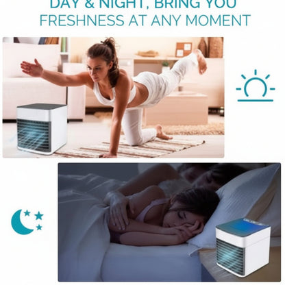 Product advertisement showing a person exercising and sleeping with a device labeled 'Day & Night, Bring You Freshness at Any Moment'.