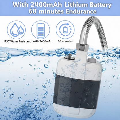 Water pump with 2400mAh lithium battery and 60 minutes endurance, IPX7 water resistant, on a water background.