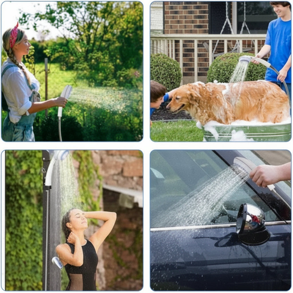 Collage of a woman using a garden hose, a dog being washed, a woman exercising, and a car being cleaned with a squeegee.