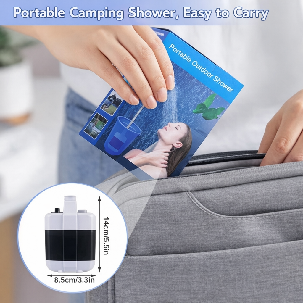 Portable camping shower with packaging held by a hand, showing dimensions and usage scenario.