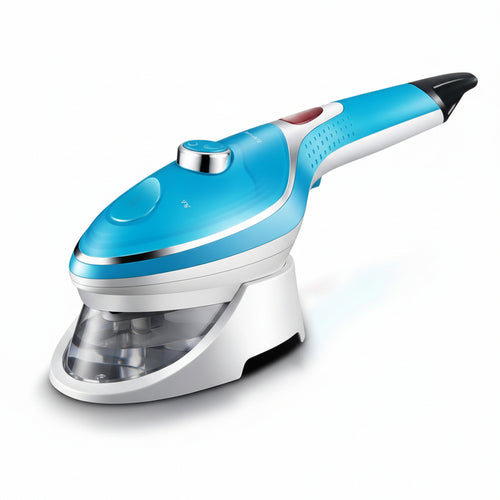 Blue and white handheld steamer on a white background