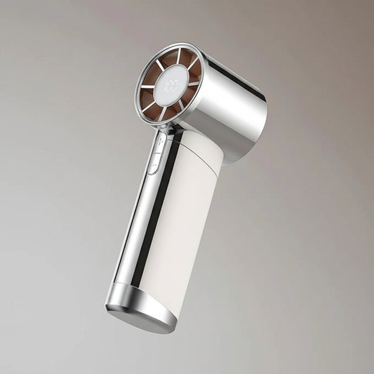 White hair dryer with rose gold accents on a neutral background