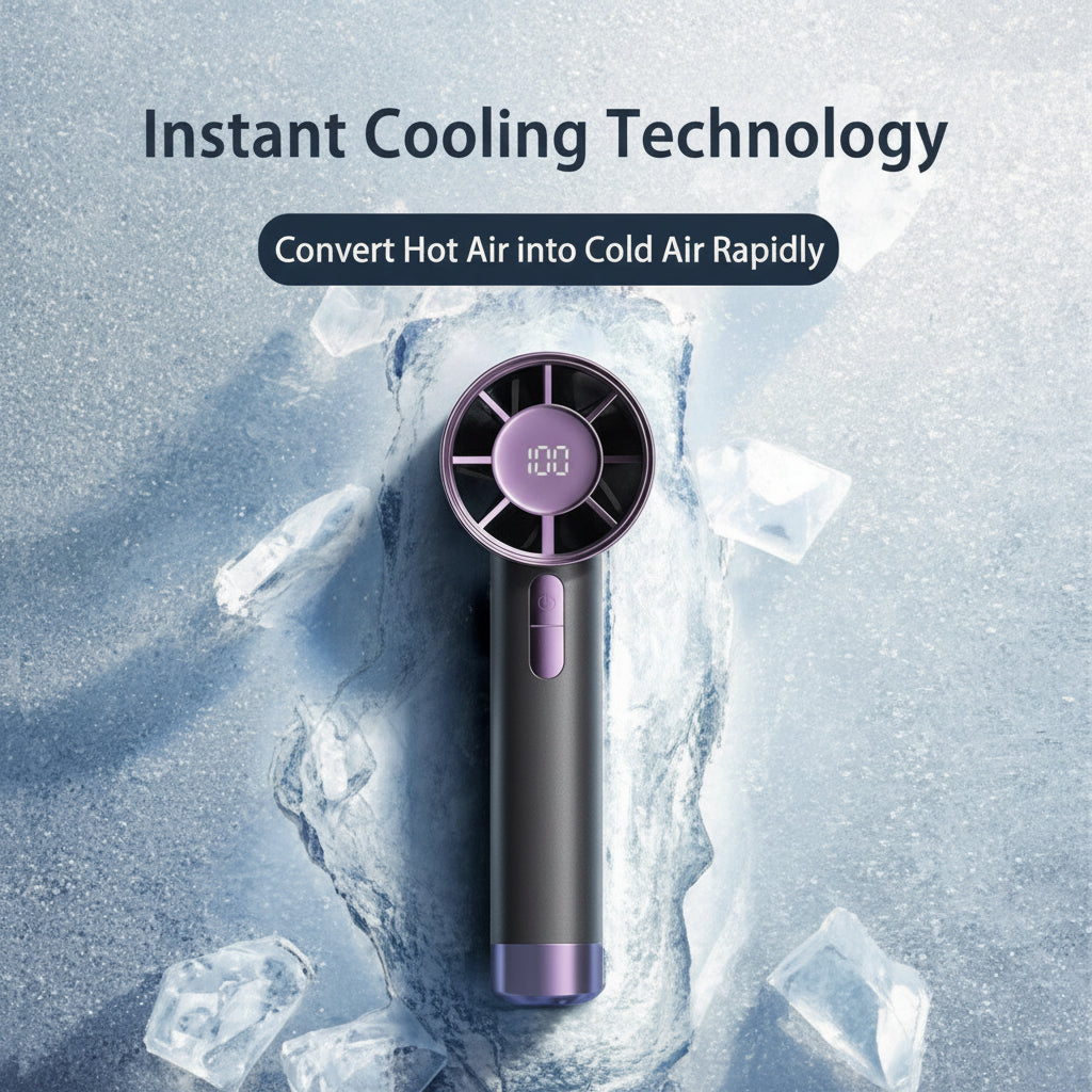 Handheld cooling device with ice cubes and text 'Instant Cooling Technology' on a gray background