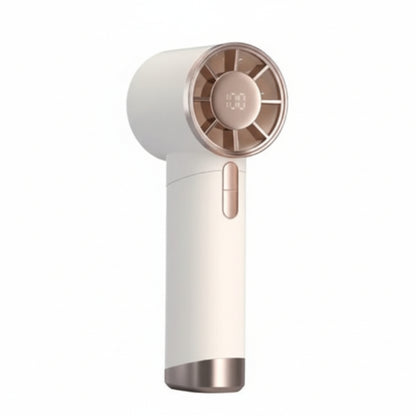 Handheld hair dryer with white body and rose gold accents on a white background