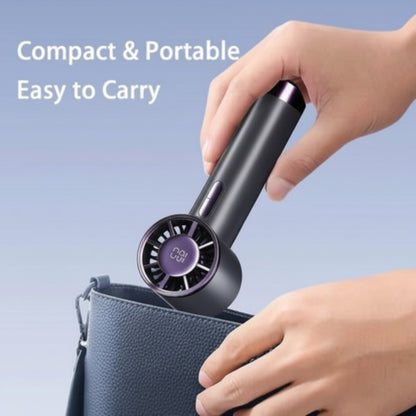 Hand holding a compact hair dryer with text 'Compact & Portable, Easy to Carry' on a light blue background