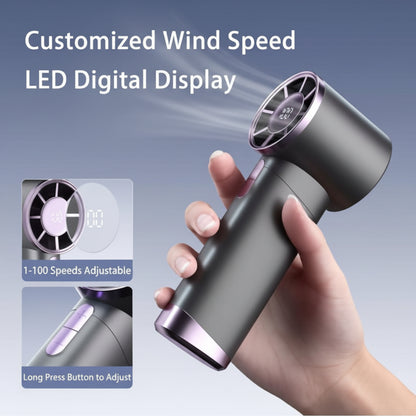 Hand holding a hair dryer with customizable wind speed and LED digital display on a blue background